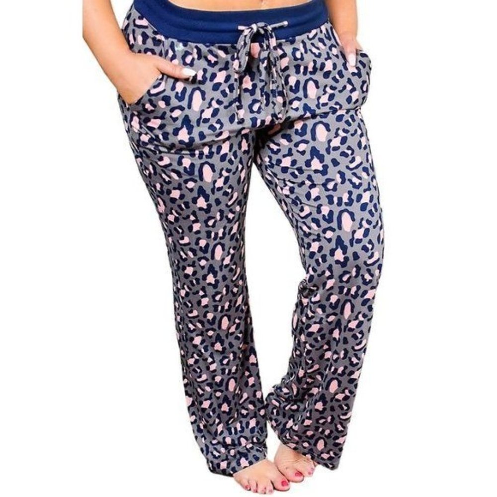 Leopard Print Solid Waistband Plus Size Lounge Pa… - image 1
